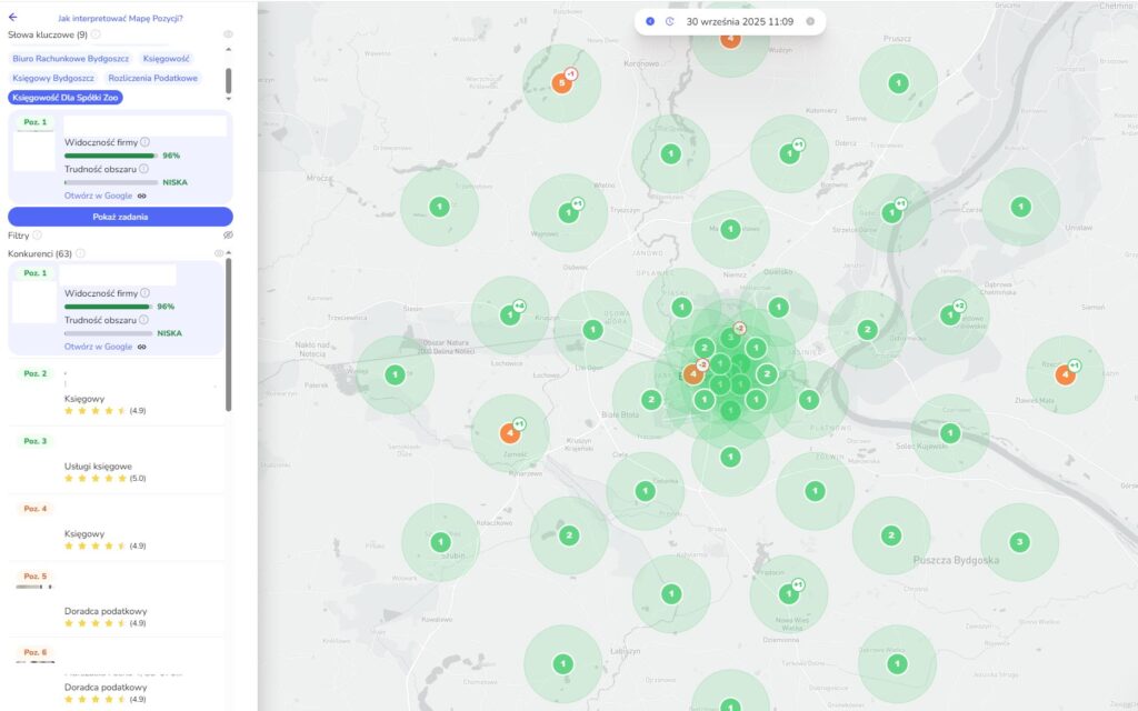 Mapa zasięgu i rankingi SEO biura rachunkowego z Bydgoszczy na frazę "Księgowość dla Spółki Zoo". Wizualizacja pozycji TOP 3 i zasięgu wizytówki na mapie Bydgoszczy.