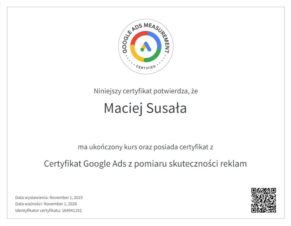 Certyfikat Google Ads z pomiaru skuteczności reklam – Maciej Susała