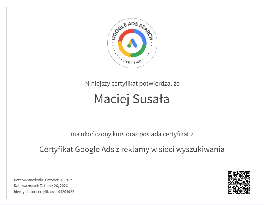 Certyfikat Google Ads z reklamy w sieci wyszukiwania – Maciej Susała
