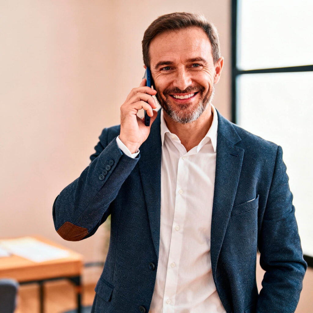 Uśmiechnięty agent ubezpieczeniowy odbiera telefon od klienta – przykład skutecznej strony internetowej dla lokalnego biznesu